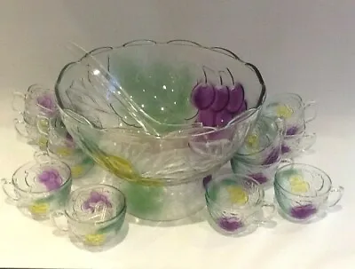 Buy Vintage Kig Glass Punch Bowl Coloured Embossed Fruit With Stand 12 Cups Hooks • 45£