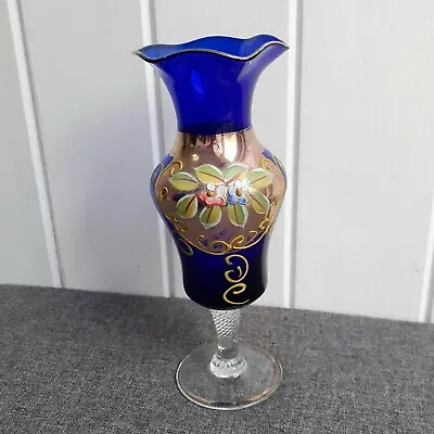 Buy Vintage Hand Painted Floral Czech/Bohemian Cobalt Blue Glass Bud Vase Gold Gilt • 8£