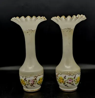 Buy 2 Antq Consolidated Glass CHARLETON Hand Painted Milk Glass Crimped Vases 11  • 374.75£