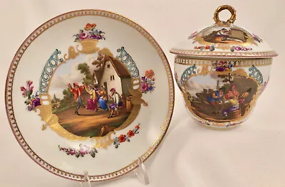 Buy Antique Dresden Meissen Covered Cup & Saucer, Peasant Life, Hand Painted, 1879 • 762.44£