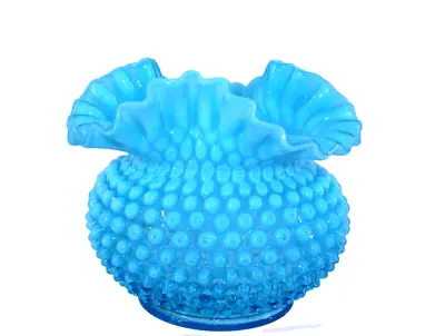 Buy Vintage Fenton Art Glass Aqua Blue Hobnail Vase Opalescent Crimped Ruffled Rim • 32.24£