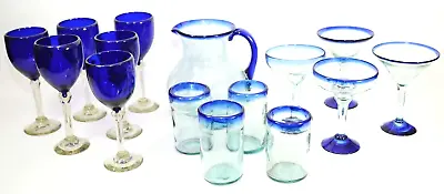 Buy Cobalt Blue & Blue Rimmed  Mexican Recycled Glassware, Odd Lot Of 15 Pieces • 91.56£