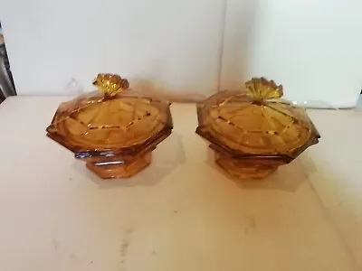 Buy A Vintage Art Deco Pair Of Amber Glass Lidded Trinket Pots,  Excellent Condition • 10£
