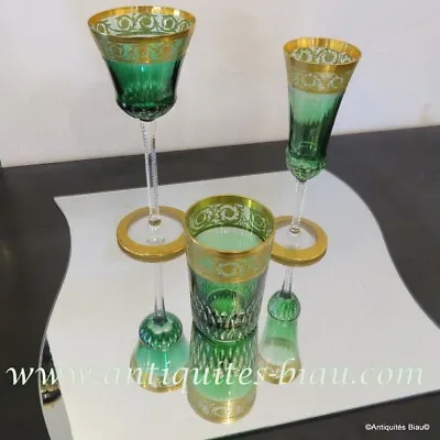 Buy Set Of 3 Glasses Green Color Crystal In Crystal Saint Louis Thistle Gold Stamped • 1,025.03£