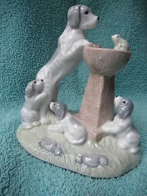Buy Spaniel + Pups With Birdbath, Ornament, Grey/white Pottery • 4£