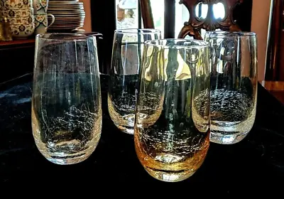 Buy Pier 1 Set Of 4 Tall Tumblers Amber Crackle Glass. 20 Oz            821acg • 34.14£
