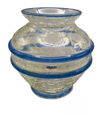 Buy Beautiful Unique Antique Clear Blue Banded Crackle Glass Vase 5”x5” • 28.45£