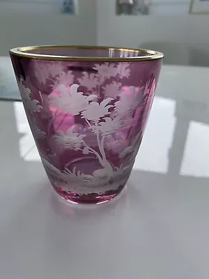 Buy VINTAGE BOHEMIAN CZECH PINK ETCHED LEAD CRYSTAL GLASS GOLD RIM Signed MP Birds • 15£