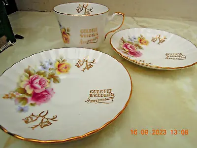 Buy Royal Stafford Golden Wedding Anniversary: 2 Saucers + 1 Cup. Pattern  Showing • 10£