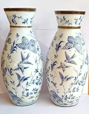 Buy Charming Pair Aesthetic Period Bohemian Milk Glass Blue & White Vases C1880 • 54.99£