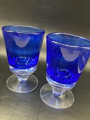 Buy 2-Vtg~Cobalt Blue Clear Ball Stem Hand Blown Glass Water Goblets • 19.21£