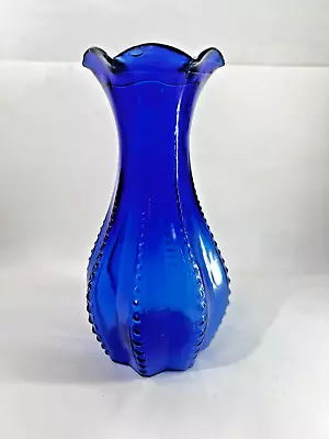 Buy Vintage Indiana Glass Cobalt Blue Beaded Rib Vase With Ruffle Rim Edge USA 7  • 9.59£