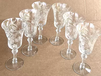 Buy 1940's Tiffin Franciscan Glass Etched Fuchsia Optic High Stem Water Goblet 6 Pcs • 148.89£