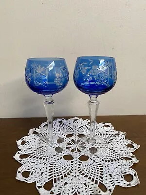 Buy 2 BOHEMIAN CZECH CUT TO CLEAR CRYSTAL WINE Glass GOBLET Hock Cobalt Blue Color • 80.62£