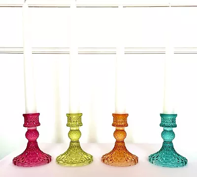 Buy Set Of 4 Coloured Jewel Glass Candlestick Holders Church Candle Table Decoration • 17.99£