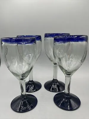 Buy Mexican Hand Blown Wine Glass / Water Goblet ~ Cobalt Blue Rim & Base ~  8  • 34.20£