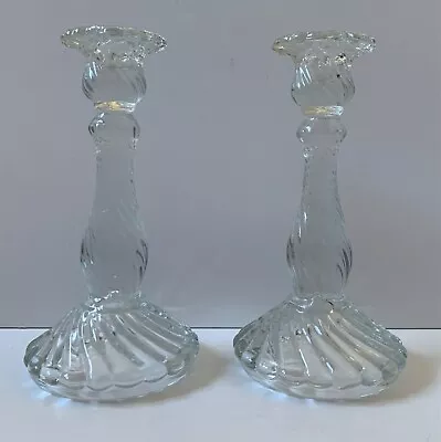 Buy Vintage Pair Candlesticks Clear Pressed Glass Candle Holders Circular • 20£