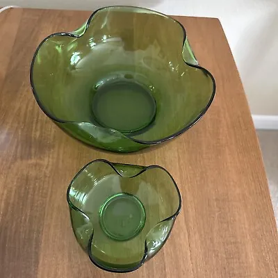 Buy Vintage Anchor Hocking Avocado Green Glass Chip And Dip Scalloped Bowl Set • 9.61£