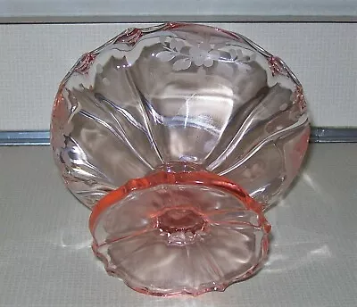 Buy Vtg 1930's Pink Glass Ribbed Etched Pedestal Compote Rolled Scalloped Top Edge • 14.38£