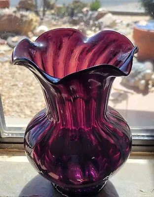 Buy Black Amethyst Glass  Handkerchief  Twist Vase With Ruffled Edge Vintage 8   • 14.41£