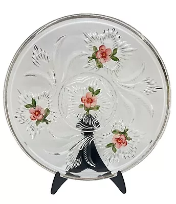 Buy Vintage Pressed Glass Serving Dish Painted Pink Flowers  • 5.99£