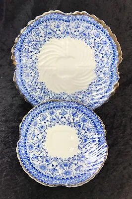 Buy Antique 1890 W&S Bread Plate And Saucer Blue Floral White Swirl Design Gold Trim • 47.98£