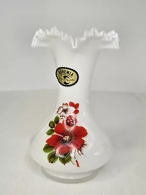 Buy Vintage Bohemian Czech White Crystal Glass Ruffled Top Handpainted Vase • 28.95£