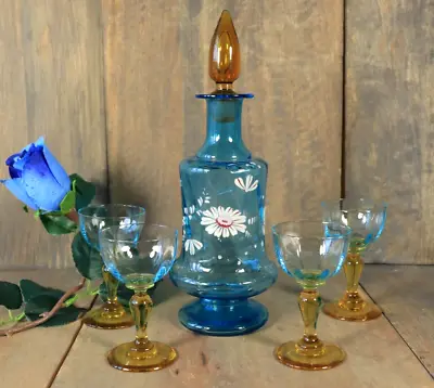 Buy Antique French Portieux GEORGE SAND Enameled Glass 4 Glasses Decanter Liquor Set • 173.14£