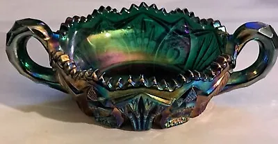 Buy Vtg Unmarked L.E. Smith Green Carnival Glass Sawtooth Bowl With Handles 7 D, 4 H • 47.43£