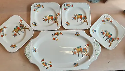 Buy Art Deco Staffordshire Knot Pottery Rectangular Sandwich Plate Set Parrots • 25.95£