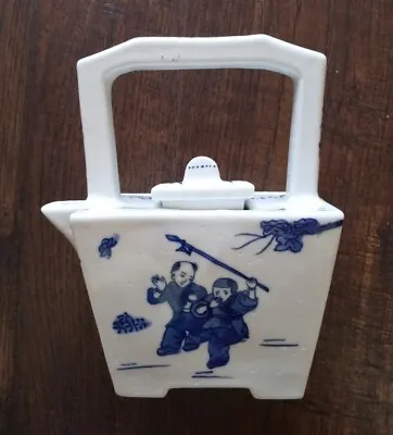 Buy Antique Chinese Blue Porcelain Teapot, Hand Painted Figures Rectangular Signed • 32.13£