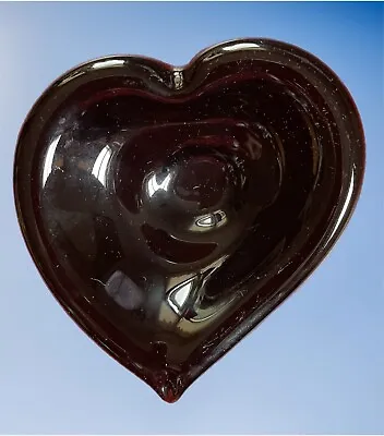 Buy Black Amethyst Glass Trinket Dish Heart Shape Solid Piece - Tiny Chip Vintage • 40.77£