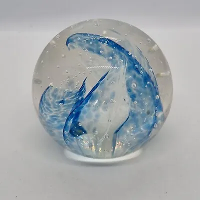 Buy Vintage Selkirk Glass Paperweight Etched 1995 Blue And White Swirl • 15£
