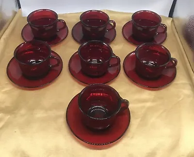 Buy Set Of 7 Vintage Arcoroc France Ruby Red Glass Cups And Saucers • 25.62£