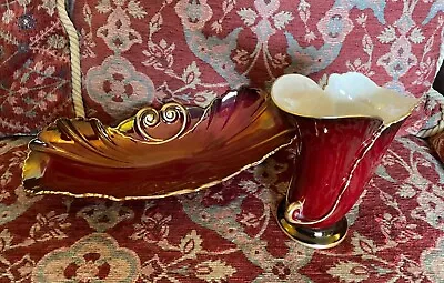 Buy Carlton Ware Dark Red And Gold Rouge Royale Vase And Oblong Dish • 18.99£