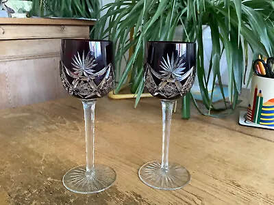 Buy 2 Bohemian Crystal Dark Ruby / Plum Cut To Clear Facet Stem Wine Glasses 7.3/8  • 25£