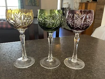 Buy Bohemian Crystal Vineyard Grape HocK Glasses Wine Glass Set 3 Colored Vtg Lot • 141.45£
