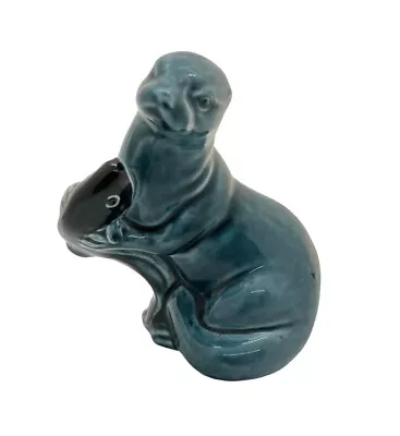 Buy Vintage Poole Pottery Otter With Fish In Teal Blue Glaze. • 4.99£