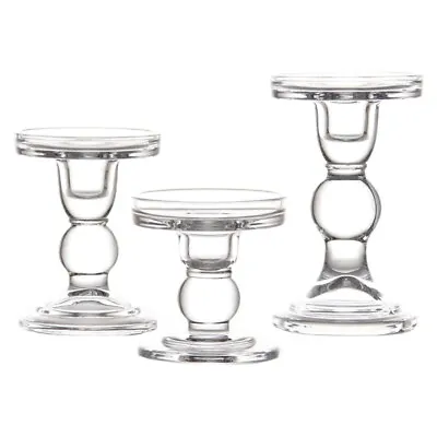 Buy Clear Glass Candle Holder Set Of 3 Tall Candlestick Stand Kit Desktop Ornament • 25.50£