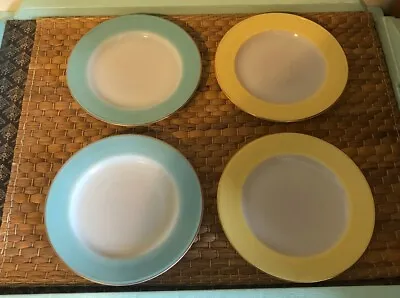 Buy Vintage Pyrex Tableware X 4 Glass Side Tea Plates Yellow & Blue Gold Trim • 12£
