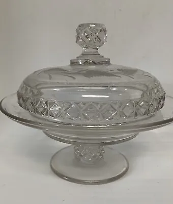 Buy Vintage Pressed Glass Etched Leaf Design Pedestal Domed Covered Candy Dish • 14.14£