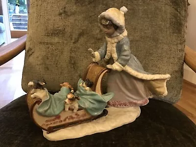 Buy Lladro Gres Statue Figurine Playful Push 2234 Puppies In Sleigh Christmas • 89.99£