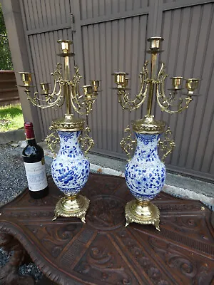 Buy PAIR Vintage Delft Pottery Blue White Candelabras Candle Holders • 443.94£