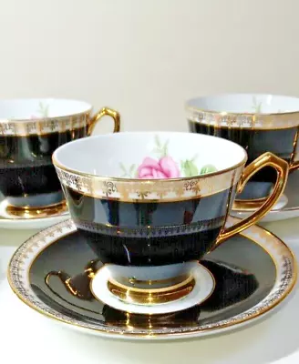 Buy Set Of 6 Mint Vintage Windsor Bone China Black, Gold & Rose Teacups & Saucers • 94£