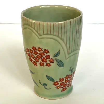 Buy Machiko Erhard Studio Pottery Tumbler Cup Red Flowers Celadon Artisan Signed EUC • 38.52£
