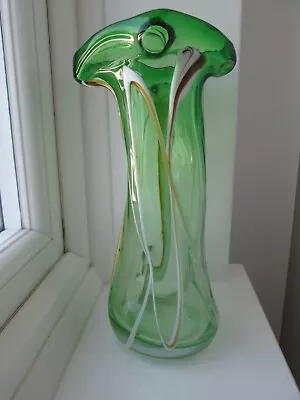 Buy Vintage Large Heavy Chunky Stretch Green Art Glass Vase • 39.99£