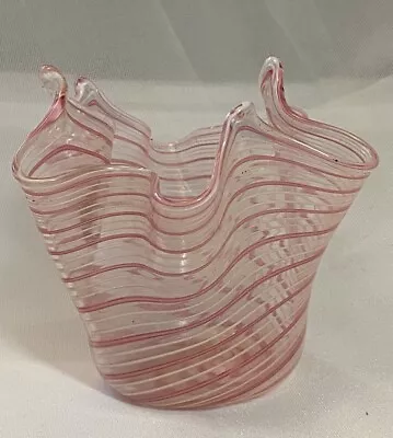 Buy Murano Art Glass Handkerchief Vase 3.5”x4” Pink Latticino No Chips Or Cracks • 51.49£