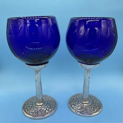 Buy Cobalt Blue Glassware X2 Vintage Thick Glass Heavy Silver Metal Stem Renaissance • 80.61£