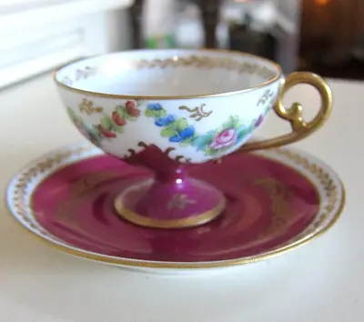 Buy Antique Limoges Porcelain Hand Painted SIGNED Footed Small Cup & Saucer Florals • 96.51£