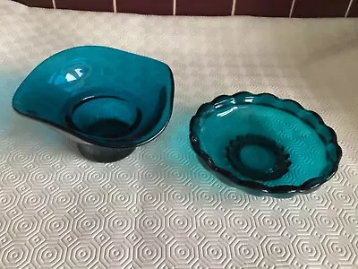 Buy Vintage Sowerby Nazeing Turquoise Blue Glass  Pair PosyVase & Scalloped Bowl VGC • 12£